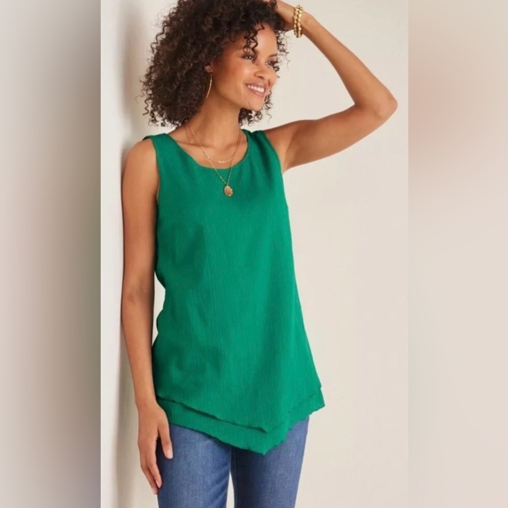 •SOFT SURROUNDINGS•KELLY GREEN SIESTA KEY GAUZE LETTUCE HEM TANK BLOUSE SIZE XL